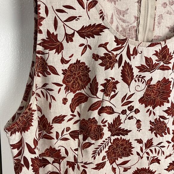 Woolrich Women's Sleeveless Maxi Dress Size Medium Tan Rust Flowers Linen Blend - Picture 3 of 7